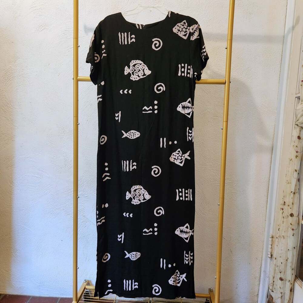 Premier International Maxi Dress Size L Black Fish Print